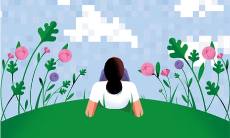 An illustration of the back of a woman, lying on a hillside, looking up at the sky, flowers either side of her