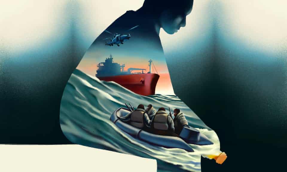 abstract illustration: navy operation to retake oil tanker inside silhouette of migrant stoaway