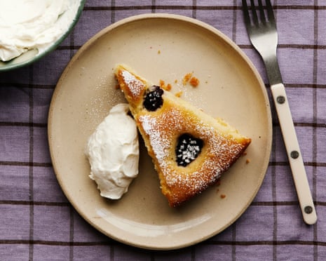 Benjamina Ebuehi's ricotta, blackberry and lemon cake on plates with cutlery and whipped ricotta