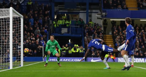Chelsea’s Antonio Rudiger scores their first goal.