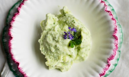 ‘Pop in the freezer without churning and simply stir thoroughly every few hours until frozen’: mint frozen yoghurt.