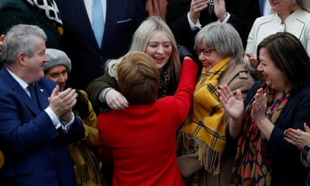 Scotland’s first minister, Nicola Sturgeon, hugs the East Dunbartonshire MP, Amy Callaghan, in front of the V&A Museum in Dundee, after her election in December 2019.