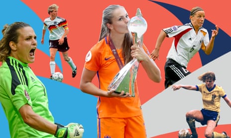 From left: Germany's Nadine Angerer at Euro 2013 and Silvia Neid at Euro 1991, Lieke Martens of the Netherlands with the trophy in 2017, Germany's Inka Grings at Euro 2005 and Sweden in action during the 1984 final.