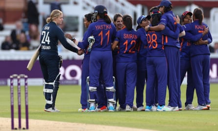 England’s Charlie Dean walks off after being run out by Deepti Sharma of India at Lord’s