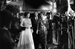 The Queen and Prince Philip join Nancy Reagan during a red carpet event in Los Angeles, California, on 27 February 1983