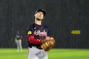 Matt Olson of the Atlanta Braves stretches during the MLB Speedway Classic.