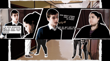 A still from Bystander, a game where teenage players encounter four episodes of harassment and assault.