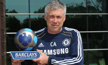 Carlo Ancelotti shows off the April 2011 manager of the month award