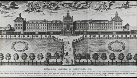 An engraving of Bethlem hospital when it was in London Moorfields.