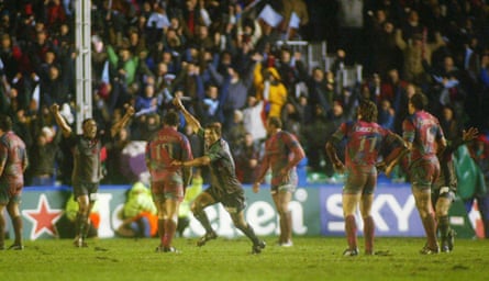 Harlequins’ Nick Evans celebrates scoring a drop goal in the European Cup game against Stade Français in December 2008