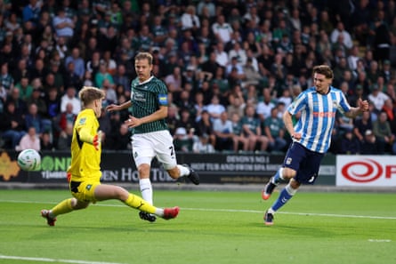 Jack Rudoni scores Coventry’s second goal during the Carabao Cup match at Plymouth