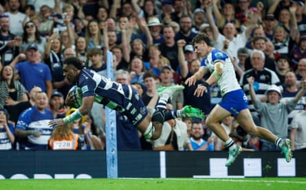 Bristol’s Viliame Mata dives in for a try against Bath on Saturday