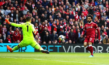 Mohamed Salah attempts to score against Stoke at Anfield last month.