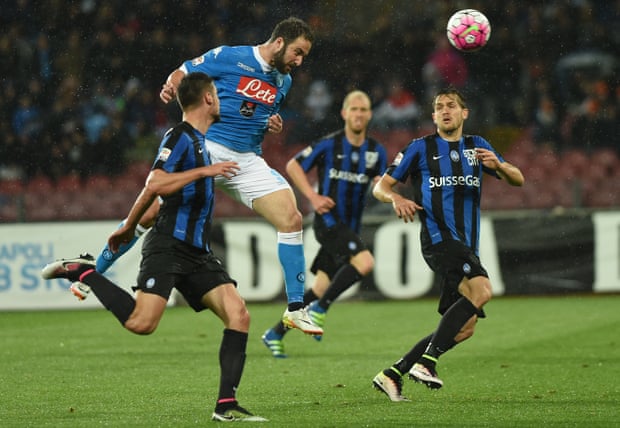Gonzalo Higuaín scores one of his 36 goals in a prolific 2015-16 season, his last at Napoli.