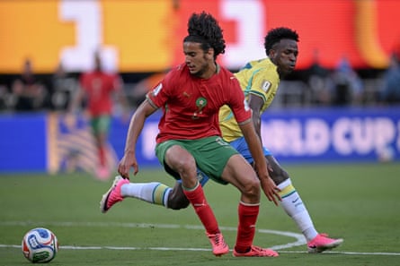 Ayyoub Bouaddi gets the better of Vinicius Junior during Morocco’s World Cup game against Brazil