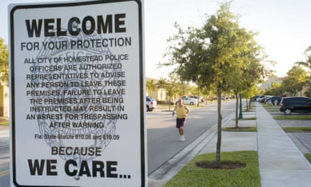 A signpost in a gated community in Homestead, Florida, warns that police officers are authorized to ask anyone to ‘leave these premises’.
