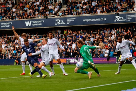 Camiel Neghli scores Millwall's second goal against West Ham.