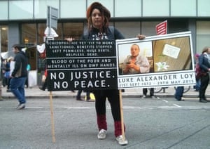 Natalie Jeffers protesting outside the Conservative conference about disability benefit.