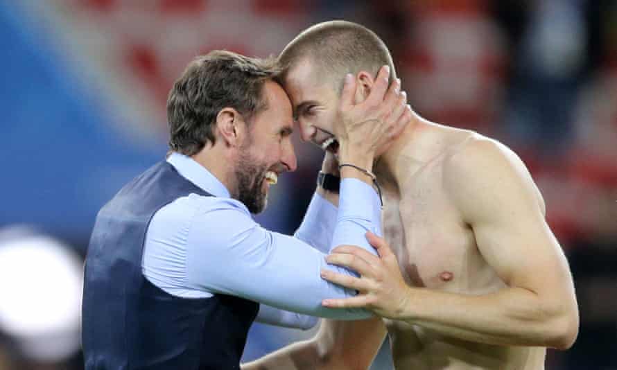 Eric Dier celebrates with Gareth Southgate after scoring the winning penalty against Colombia at the 2018 World Cup