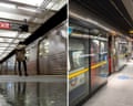 People wait on the platform as an “R” subway train pulls into a station in Times Square and passengers at Westminster tube station In London
