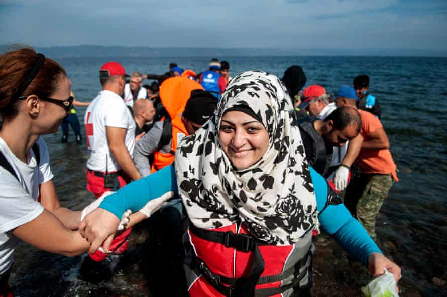 The refugees arrive safely in Lesbos.
