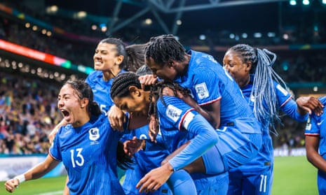 Wendie Renard celebrates with her teammates after heading what proved to be France’s winner.