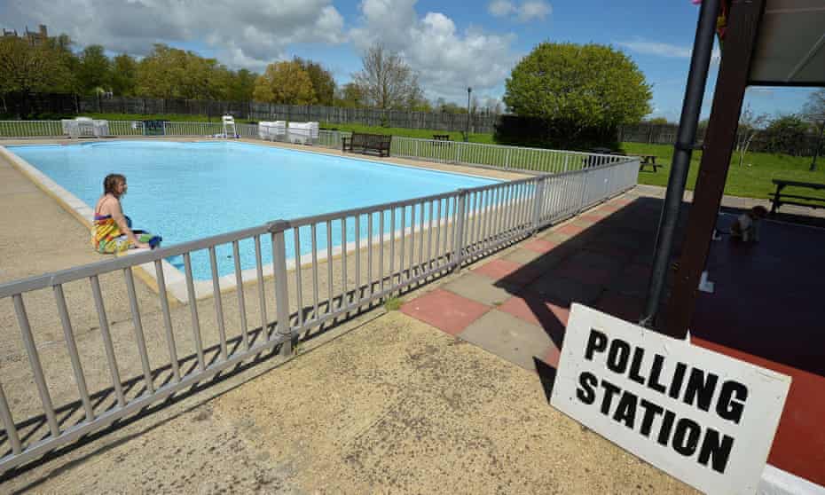 A temporary polling station is pictured at Arundel lido, West Sussex.