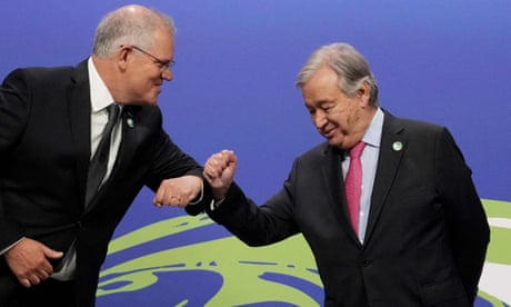 Australia’s prime minister Scott Morrison with António Guterres at the COP26 UN climate conference in Glasgow last year