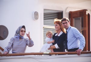 1989: Queen Elizabeth II, Prince Andrew and Sarah, the Duchess of York, with Princess Beatrice, on the royal yacht Britannia during the traditional Western Isles cruise