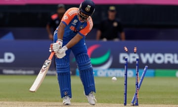India's Rishabh Pant is bowled out by United States' Muhammad Ali-Khan during their T20 World Cup cricket match.