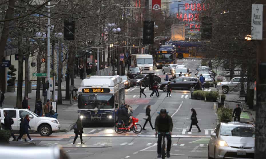 Traffic is light in downtown Seattle on 6 March 2020 on the day Amazon joined Microsoft in asking its workers to stay home.