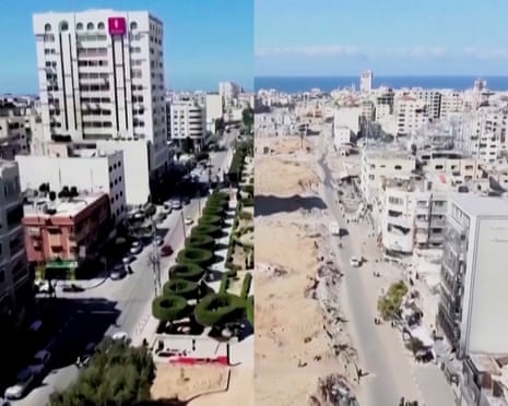 A comparison of Gaza City from June 2023 and January 2025, photographed by a drone.