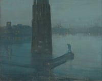 A dark tower rises through mist above Battersea Bridge with a small figure, with lights glimmering across water