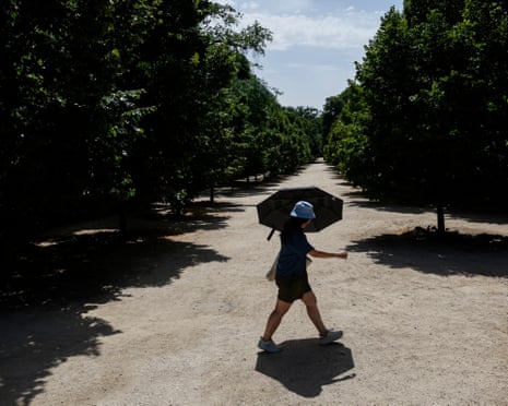 A woman uses an umbrella to cover from the sun at El Retiro park in Madrid, Spain.