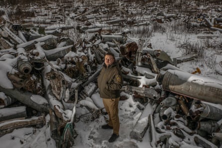 Dmytro Chubenko, an official at Kharkiv’s prosecutor’s office, at the site where missiles that have hit the city are collected.