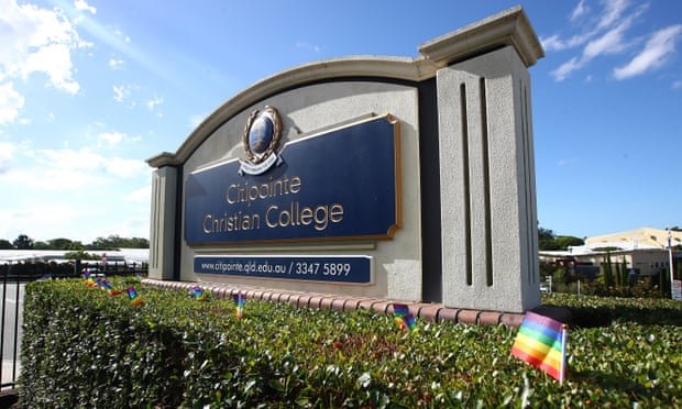 LGBTQI+ flag in front of the Citipointe Christian College sign