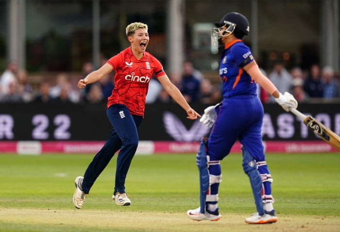 Issy Wong celebrates taking the wicket of India's Shafali Verma.