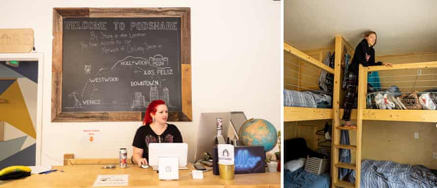 Left: Kat Walker, manager at the PodShare Westwood, recently moved to Los Angeles from Philadelphia. Right: Katie Rose, 39, from Michigan, also arrived in Los Angeles recently and is staying at PodShare while she waits for her Westwood apartment to be ready.