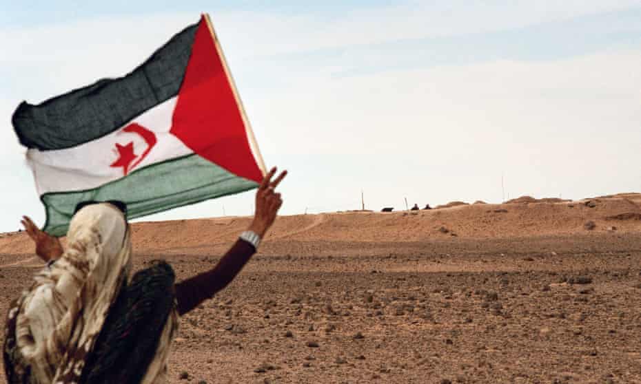 A Sahrawi girl flies the flag of Western Sahara in front of the Moroccan Wall, a 2,700 km-long structure mostly consisting of a sand wall or berm.