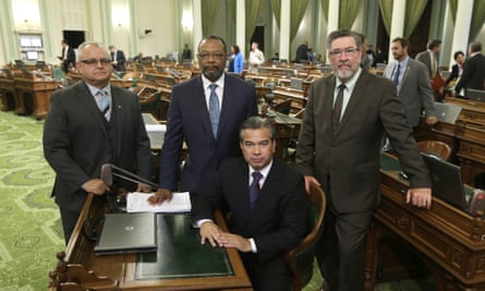 On 20 August, California assemblymen, from left, Tom Lackey, Reginald Jones-Sawyer, Rob Bonta, and Ken Cooley pose at the Capitol in Sacramento.