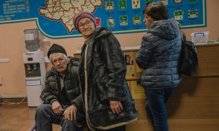 Nina Marchenko and her husband, Misha, in a reception centre in Kharkiv for evacuees.
