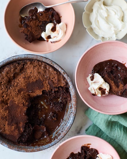 Helen Goh’s spiced chocolate and hazelnut ‘self-saucing’ pudding with amaretto whipped cream.