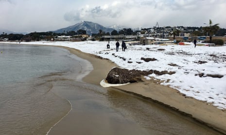 The shore of the bay of Ajaccio on the French Mediterranean island of Corsica was covered with snow on Tuesday.