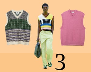3. Sleeveless Don’t pack away the sweater vest just yet, sleeveless tops will be everywhere once the sun comes out. Tuck into wide-leg trousers and you’re good to go. From left: Jacquard, £59, cosstores.com. Paul Smith SS22. Pink, £45, weekday.com