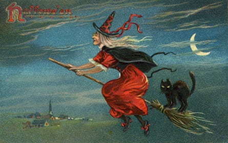 Vintage illustration of a witch and her black cat on a broom on Halloween.