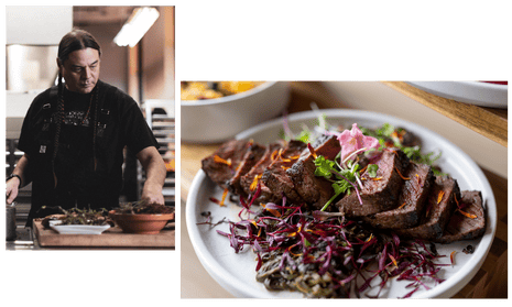Two images. One is of a middle-aged Native man with long black hair in a beautiful kitchen with wooden elements, and the other is a plate of meat cut and arranged on a plate.