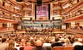 A view of the audience and stage at Symphony Hall, home of the City of Birmingham Symphony Orchestra, seen from the back of the stalls