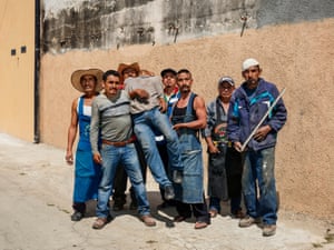 After Siqueiros, Oaxaca de Juárez, 2018A recreation of the room-spanning mural Del Porfirismo a la Revolución by David Alfaro Siqueiros (1957-1966)O’Hagan writes: ‘In Hugo’s Mexican portraits, the mood moves between the heightened everyday and the grotesque: weatherbeaten peasants in work clothes, a woman dressed like Frida Kahlo, corpulent nudes, blood-covered faces and a man wearing a crown of thorns. Nothing is ever entirely what it seems, the complex nature of Mexican culture reflected through an outsider’s eyes as a mixture of ritual, role-playing and various degrees of exaggerated reality’