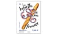 A stamp featuring a photo of a baguette on a white background overdrawn with a French tricolour ribbon and the words 'La baguette de pain française'