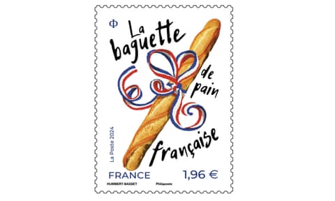 白地にバゲットの写真が描かれた切手には、フランスのトリコロールカラーのリボンと「La baguette de pain française」の文字が描かれています